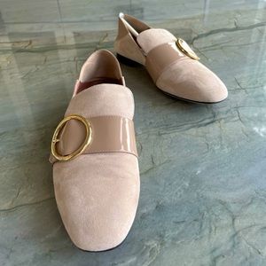 NWOT BALLY - Tan Suede and Patent Leather Side Buckle Loafers